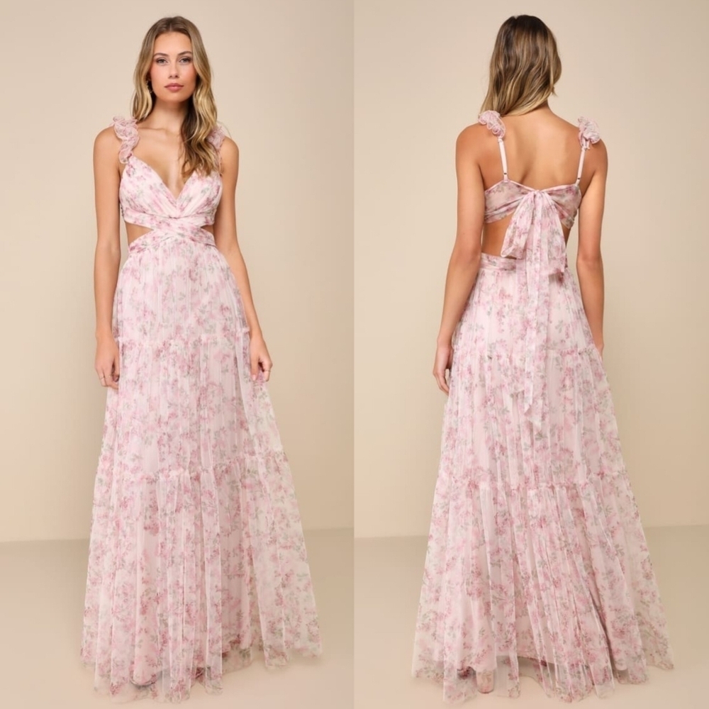 Lulus Ethereal Love Blush Floral Pleated Tiered Tie-Back Maxi Dress XL Wedding